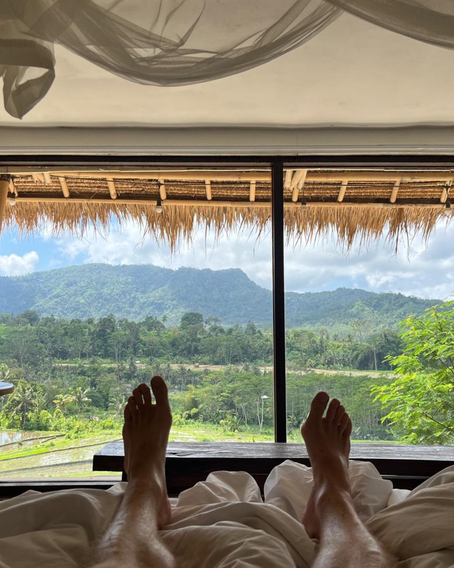 widok z łóżka na pole ryżowe, Sidemen Bali